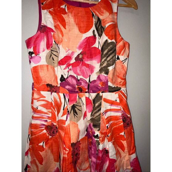 Eliza J Size 8 A-Line Fit & Flare Tea Dress Orange Pink Big Floral Vacation - Picture 3 of 9